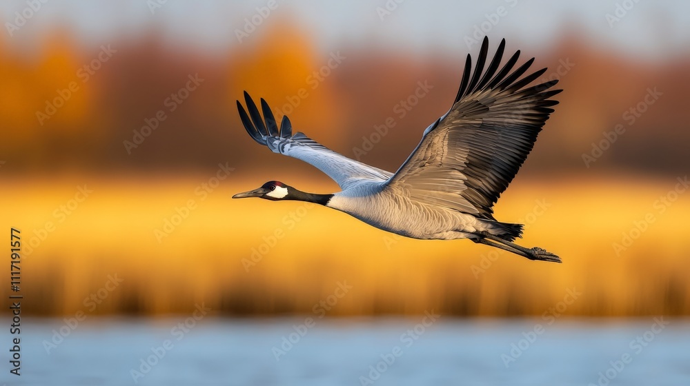 Fototapeta premium Common crane in flight over golden autumnal wetlands.