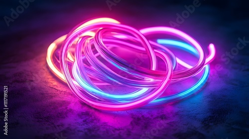 Abstract neon lights in vibrant pink, blue, and yellow colors forming circular shapes on a textured surface.