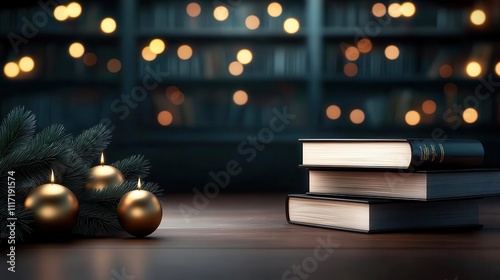 A cozy holiday chritmas scene featuring stacked books, golden ornaments, and soft bokeh lights, creating a warm, inviting atmosphere for reading.