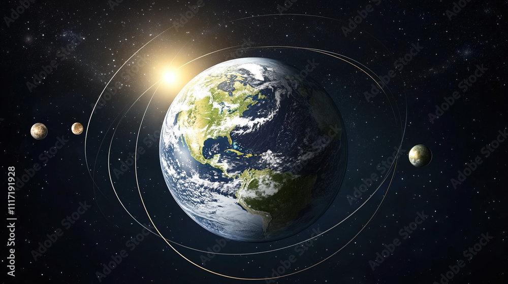 Obraz premium Earth axis diagram illustration showing the tilt of the Earth's rotational axis relative to its orbital plane, explaining the cause of seasonal changes and the distribution of sunlight.