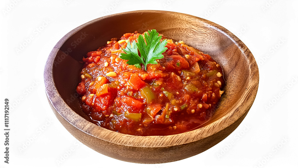 Traditional Indonesian Sambal with Celery Served in a Wooden Bowl on White Background Traditional Indonesian Sambal with Celery Served in a Wooden Bowl on White Background