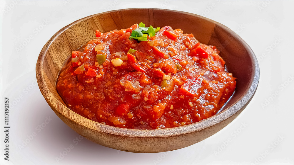 Traditional Indonesian Sambal with Celery Served in a Wooden Bowl on White Background Traditional Indonesian Sambal with Celery Served in a Wooden Bowl on White Background