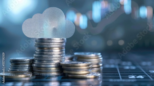 Stack of coins with cloud icon symbolizing cloud financial planning. with emphasis on cost management