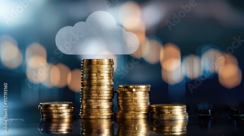 Stack of coins with cloud icon symbolizing cloud financial planning. with emphasis on cost management photo