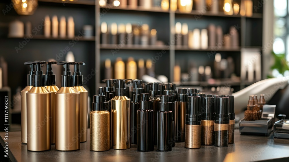 Elegant Display of Cosmetic Bottles and Jars on a Retail Shelf Elegant Display of Cosmetic Bottles and Jars on a Retail Shelf
