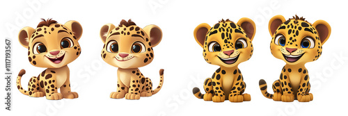 Set of a smiling cartoon leopard cub, isolated on a transparent background. photo