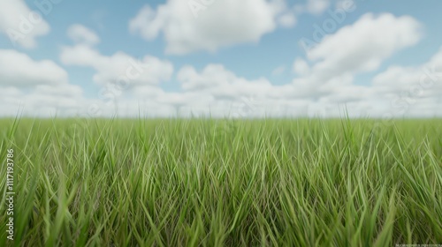 Lush green grass field under a partly cloudy sky.