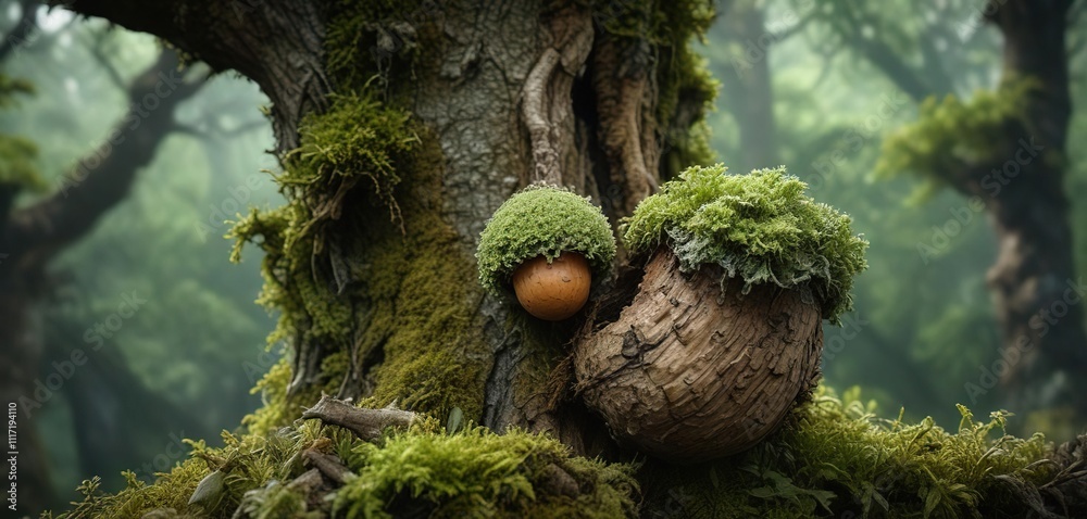 An acorn cupule attached to its parent oak tree, partially covered by moss and lichen, against a dark green background , oak tree, moss, acorn cupule An acorn cupule attached to its parent oak tree, partially covered by moss and lichen, against a dark green background , oak tree, moss, acorn cupule