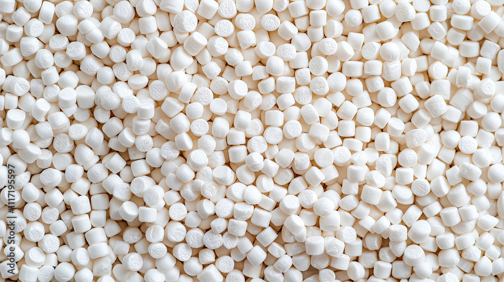 A close-up view of small white pellets, ideal for food texture and ingredients. A close-up view of small white pellets, ideal for food texture and ingredients.