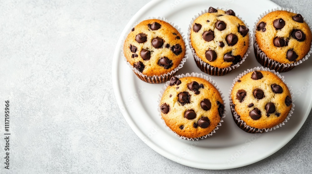 Freshly Baked Chocolate Chip Muffins on White Plate Display Freshly Baked Chocolate Chip Muffins on White Plate Display