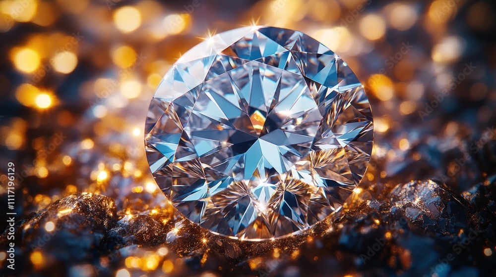 Fototapeta premium Sparkling round brilliant-cut diamond on dark background.