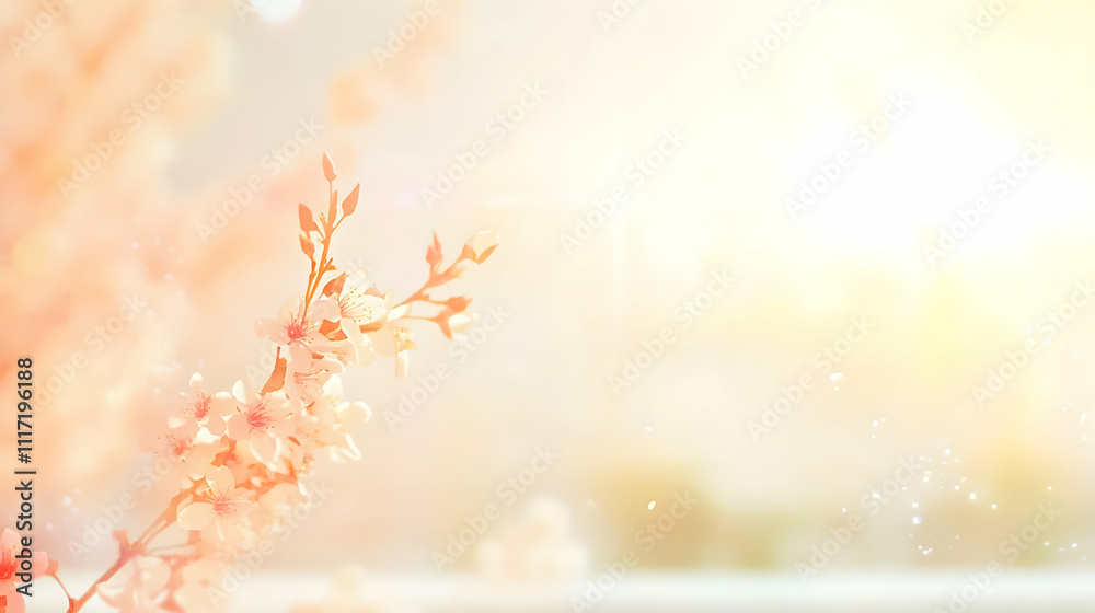 Soft sunlight illuminates delicate pink blossoms on a branch, bokeh background. Soft sunlight illuminates delicate pink blossoms on a branch, bokeh background.