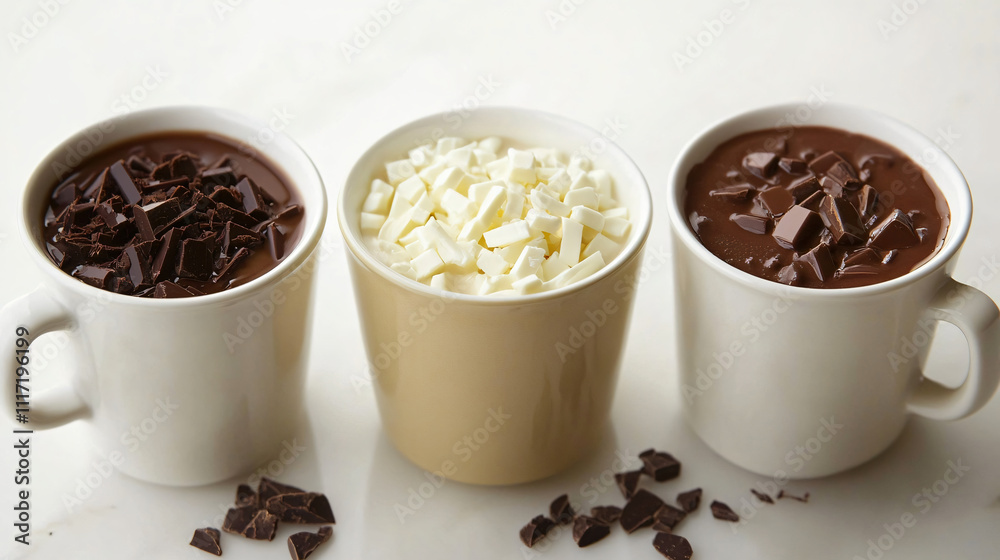 A trio of hot chocolate cups with different flavors: vanilla, dark, and white chocolate. A trio of hot chocolate cups with different flavors: vanilla, dark, and white chocolate.