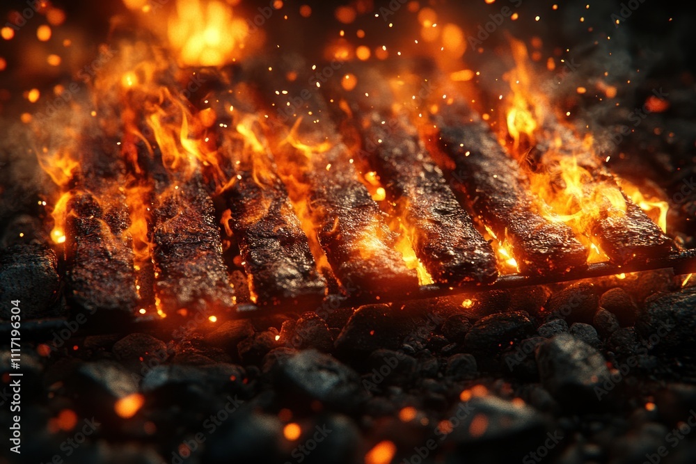 Fiery embers glowing intensely on a grill grate, creating a dramatic, hot scene.