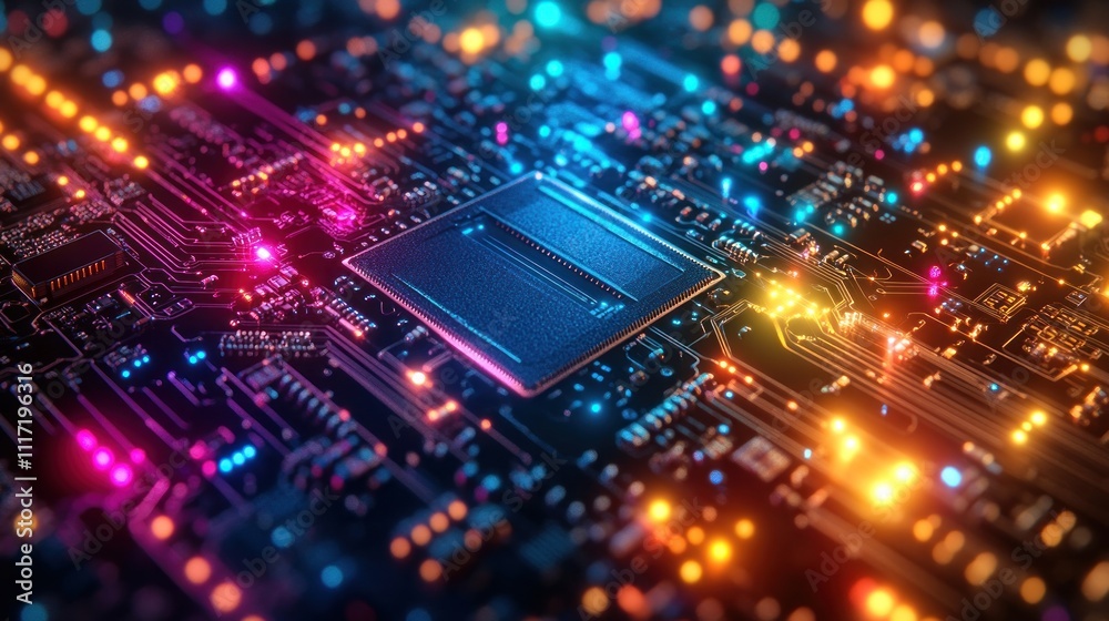 Close-up of a glowing CPU on a circuit board with vibrant neon lights. Close-up of a glowing CPU on a circuit board with vibrant neon lights.