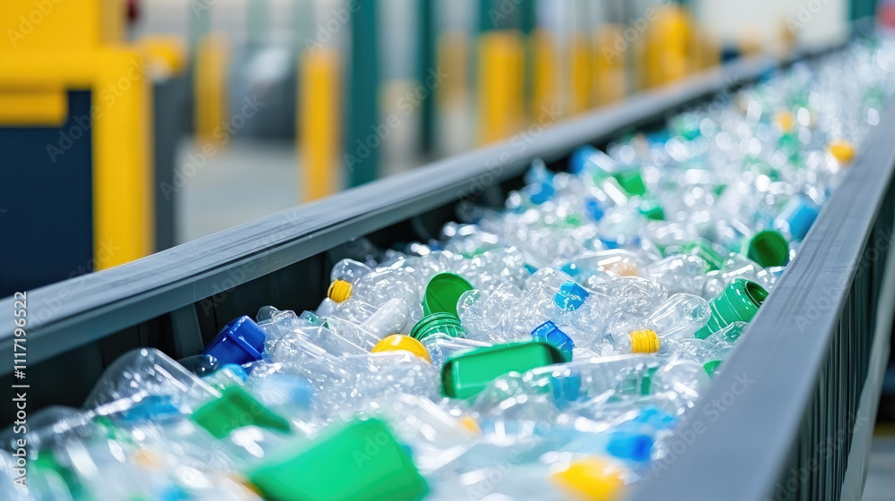 A detailed view of a modern recycling facility with collected plastic bottles. A detailed view of a modern recycling facility with collected plastic bottles.