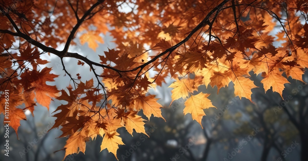 Maple leaves and branches stretching towards the light, fall colors, deciduous trees Maple leaves and branches stretching towards the light, fall colors, deciduous trees
