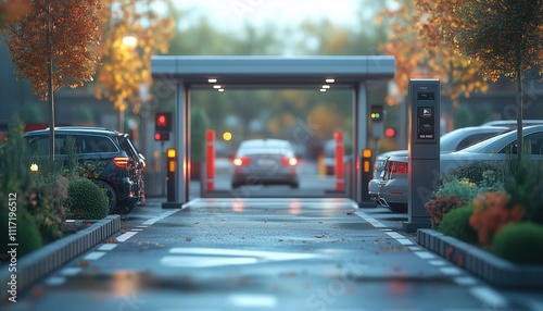 realistic smart parking lot entrance with automated pass system and surveillance