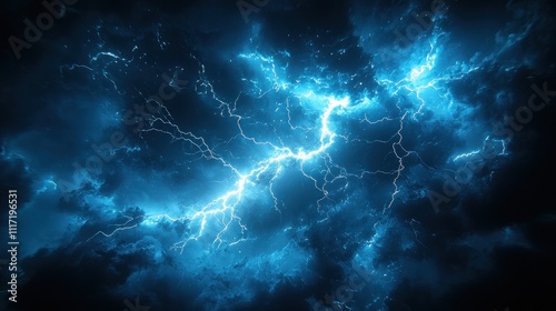 Blue lightning strike through dark stormy clouds.