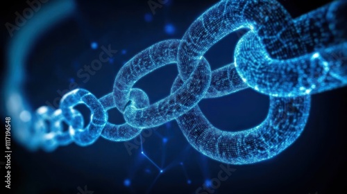 Abstract glowing blue chain links interconnected, representing connection, network, or blockchain technology.