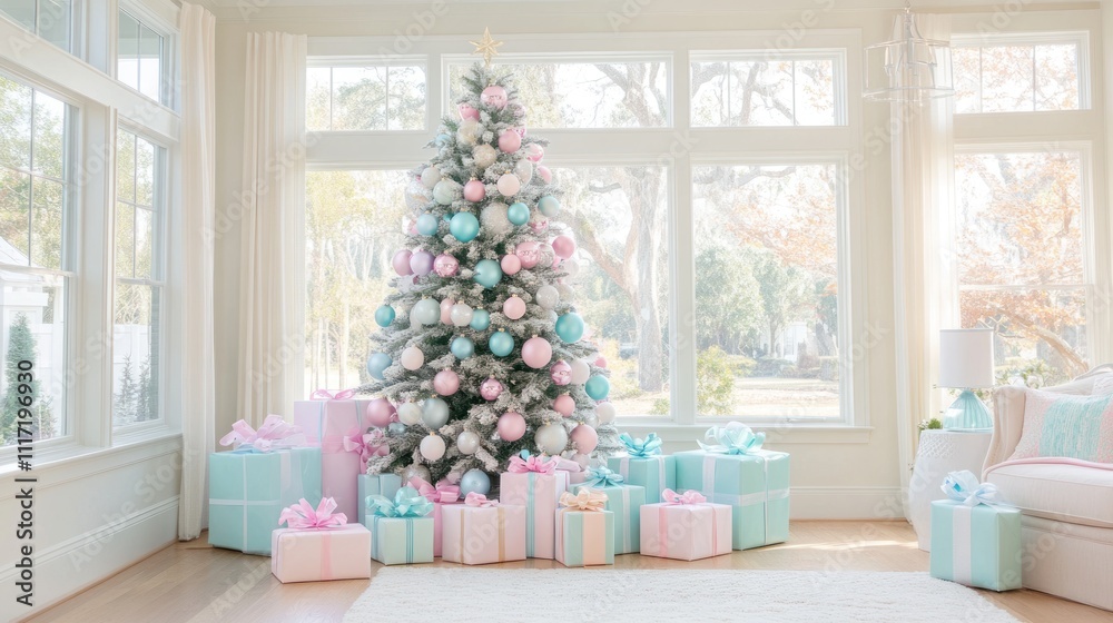 Pastel Christmas tree with presents in sunlit room. Pastel Christmas tree with presents in sunlit room.