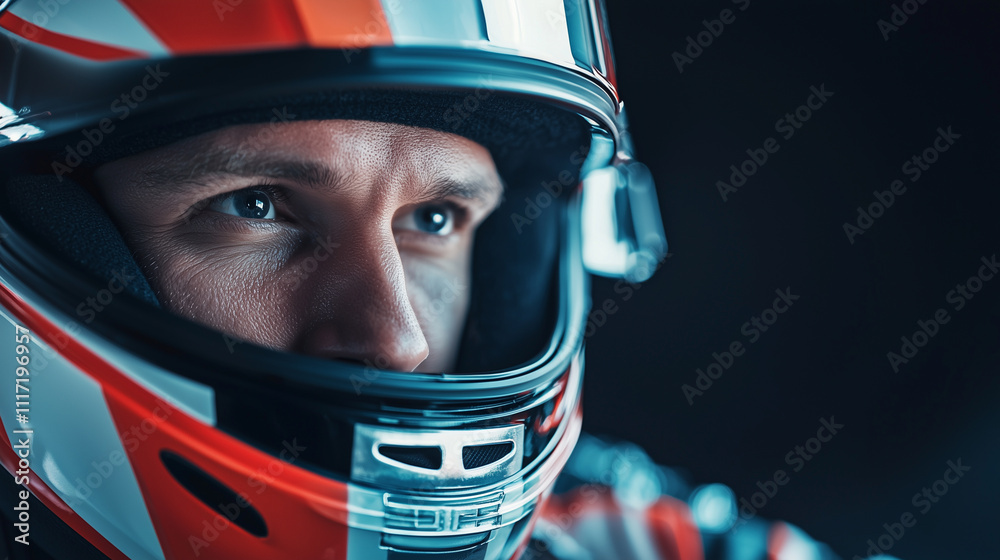 Close-up portrait of a male racer in a high-tech racing suit and helmet Close-up portrait of a male racer in a high-tech racing suit and helmet