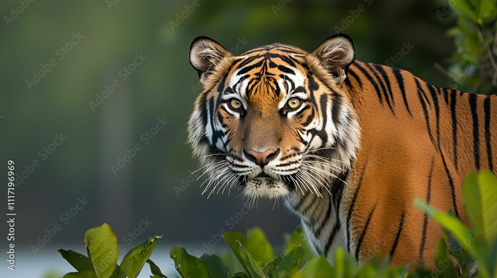 Fototapeta premium Wildlife local travel concept Majestic tiger peering through lush greenery in a serene environment.