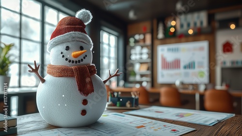 A snowman planning diagram in a modern office. Depicting a festive business project with charts and seasonal icons, promoting team engagement and cheerful planning. Showcasing joyful collaboration. photo