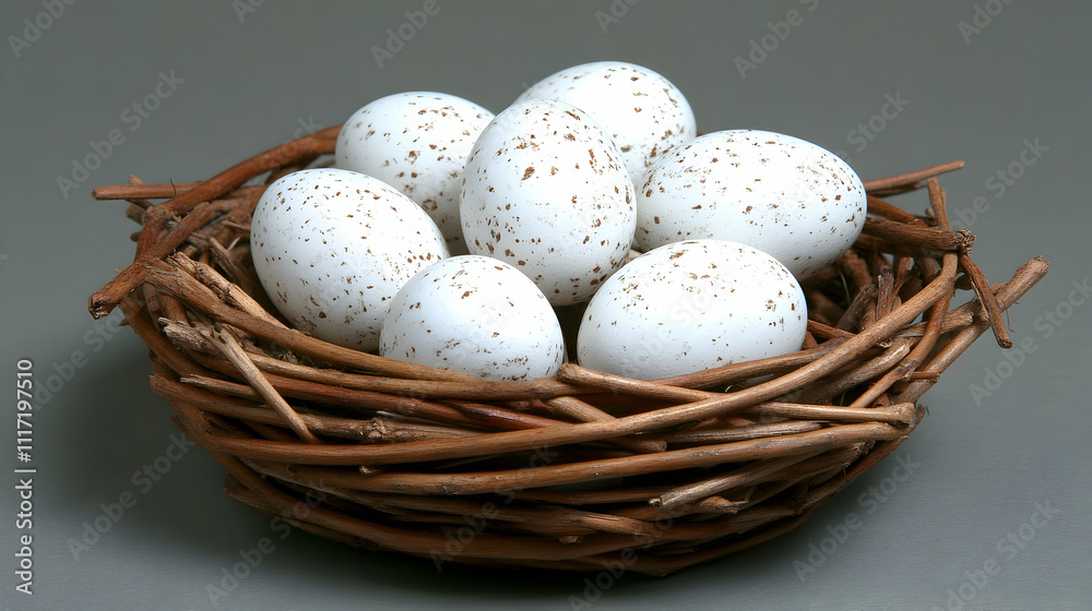 Speckled white eggs in a woven bird's nest.