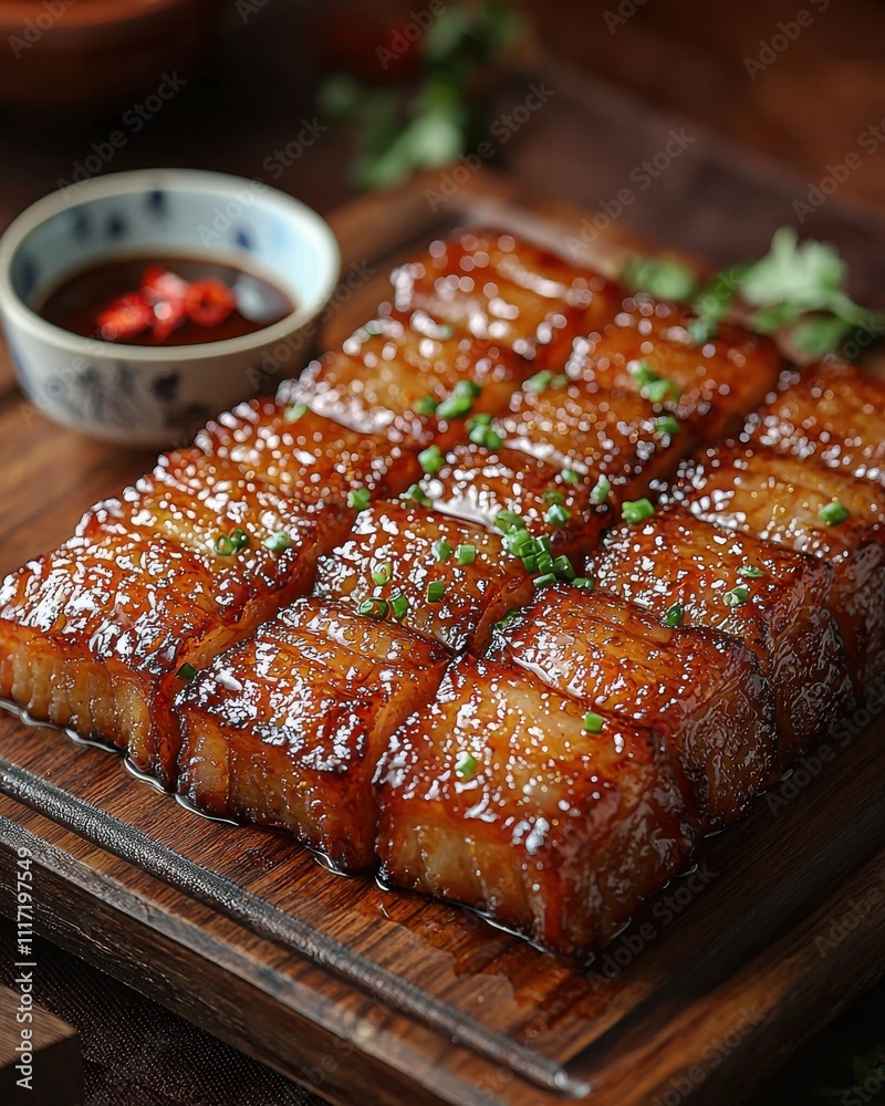 Savoring golden roasted pork belly on a rustic wooden platter a culinary delight in a cozy environment