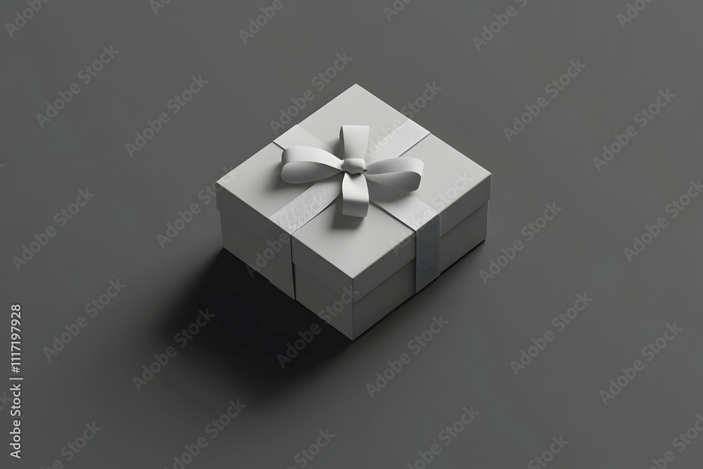Square gift box with white ribbon bow on gray background.