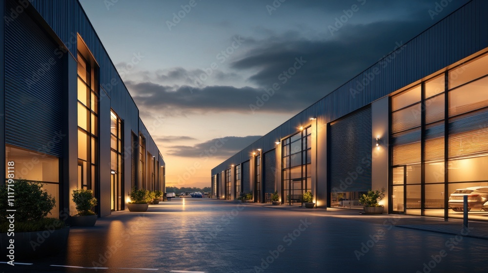 Modern industrial park at sunset, illuminated units with large doors and ample parking. Modern industrial park at sunset, illuminated units with large doors and ample parking.