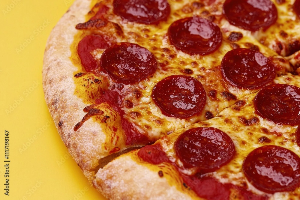 Captivating macro shot of bubbly pepperoni surface food close-up focus culinary delight vibrant yellow background for seo impact Captivating macro shot of bubbly pepperoni surface food close-up focus culinary delight vibrant yellow background for seo impact
