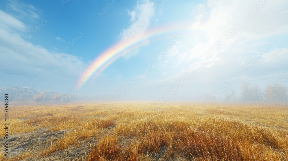 Misty field with a rainbow under a bright sky. Misty field with a rainbow under a bright sky.