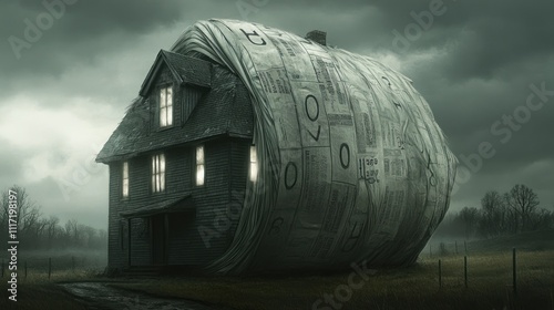 A spooky house wrapped in a large roll of money, sitting in a misty field at night. photo