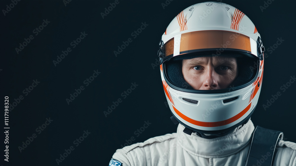 Male racer wearing a sleek racing suit and aerodynamic helmet standing in a dramatic pose Male racer wearing a sleek racing suit and aerodynamic helmet standing in a dramatic pose