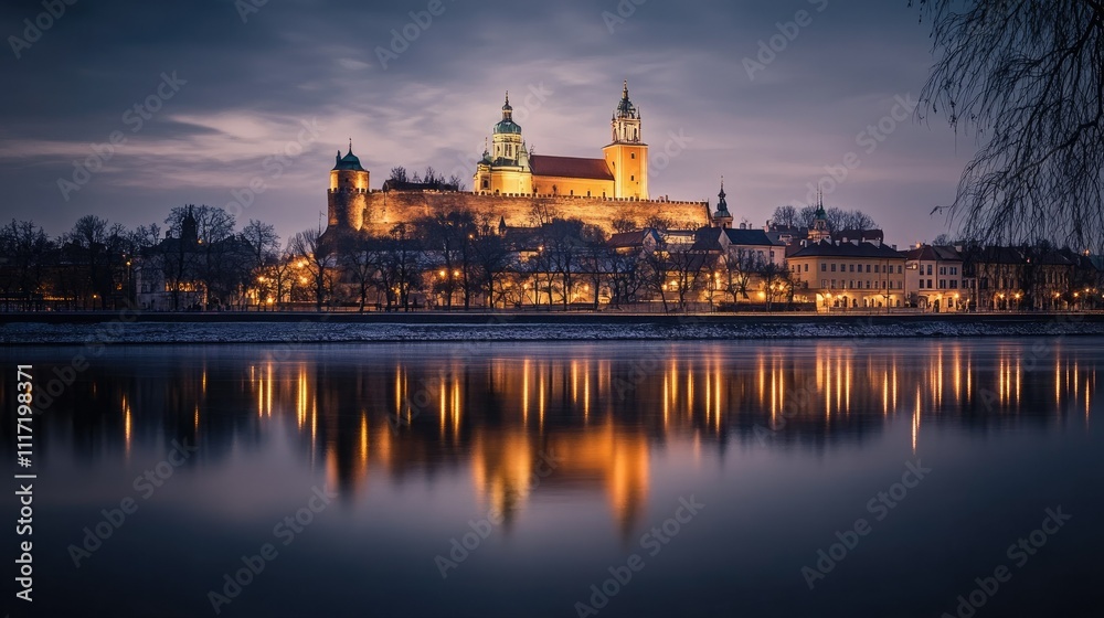 Fototapeta premium Majestic Castle Illuminating Cityscape At Dusk With Reflections