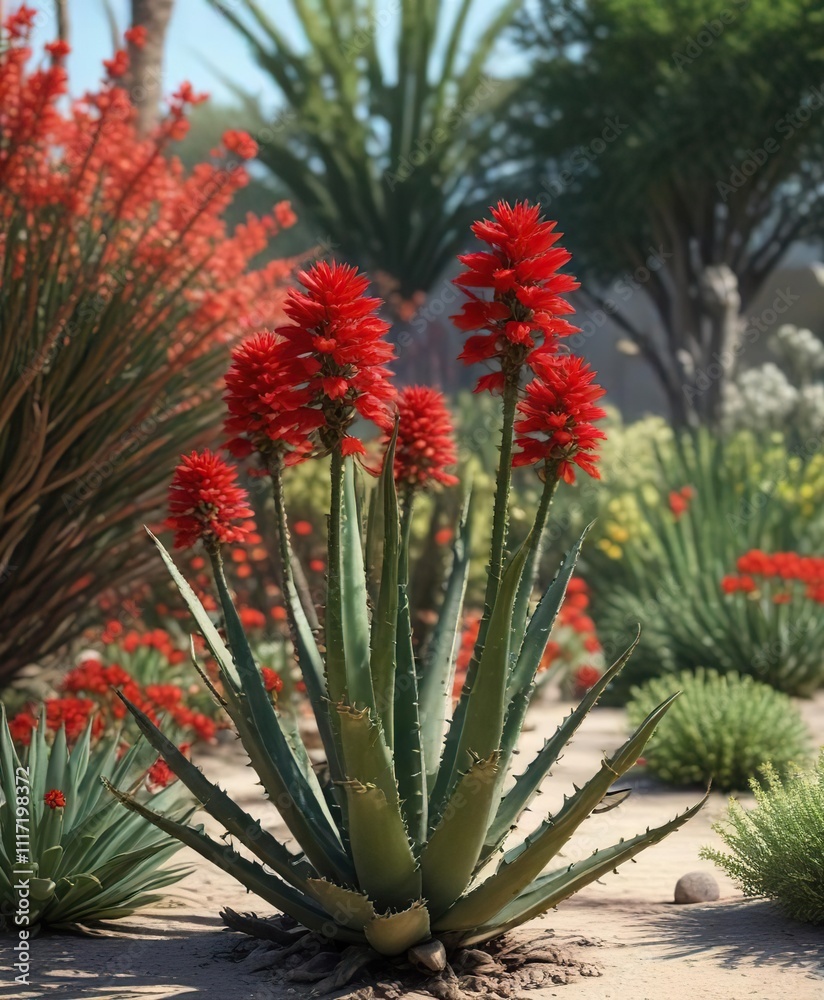 Fototapeta premium Aloe arborescens in full bloom with red flowers, candelabra aloe, garden plant