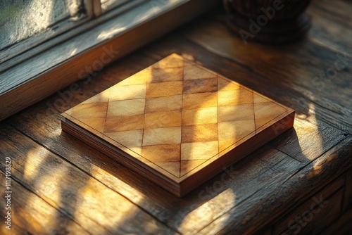 Closed wooden chessboard on rustic windowsill in sunlight.