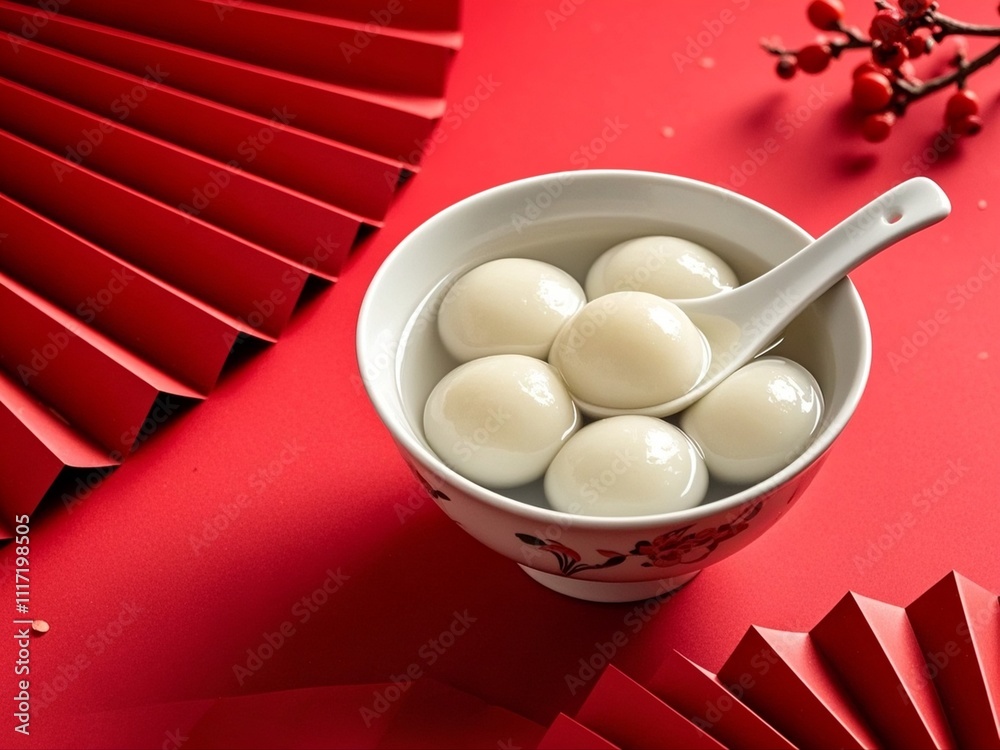 Tang Yuan(sweet dumplings balls), a traditional cuisine for Mid-autumn, Dongzhi (winter solstice ) and Chinese new year, with a red paper fans on a red background.