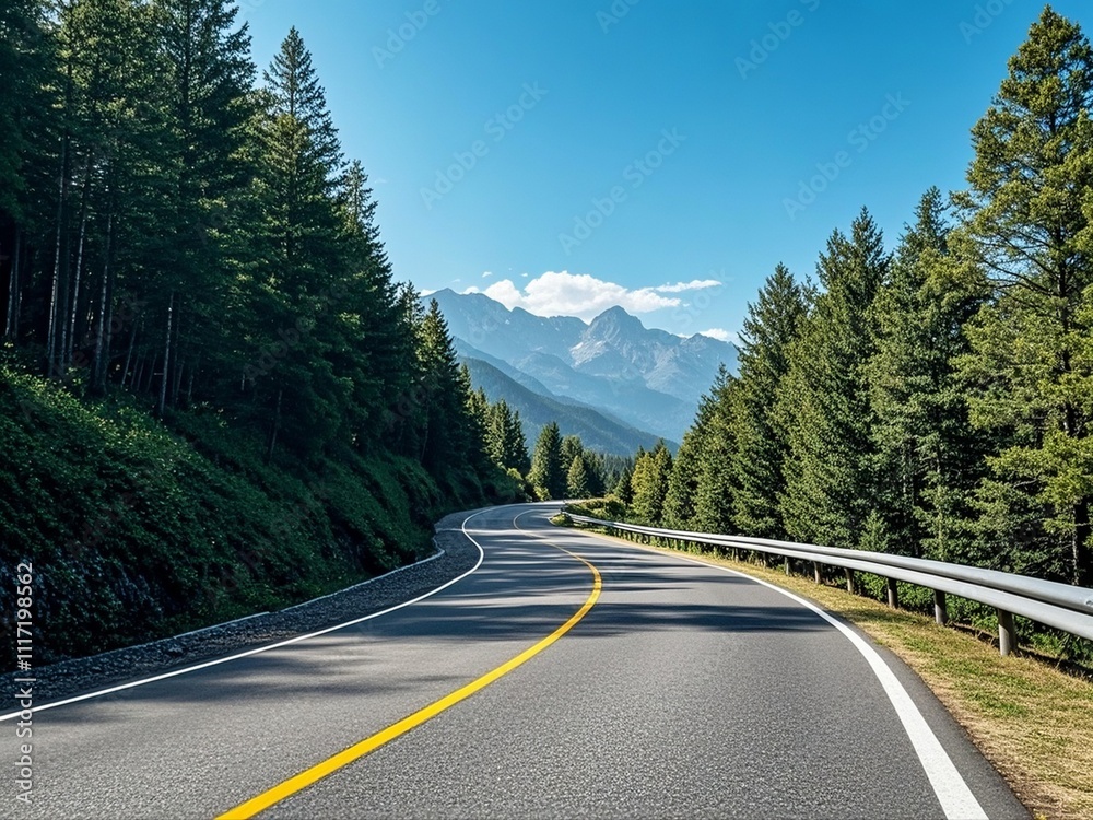empty asphalt road and forest with mountain nature landscape under blue sky