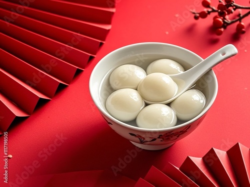 Obraz na płótnie Tang Yuan(sweet dumplings balls), a traditional cuisine for Mid-autumn, Dongzhi (winter solstice ) and Chinese new year, with a red paper fans on a red background. w salonie