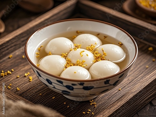 Obraz na płótnie Tang yuan, glutinous rice dumpling balls with sweet osmanthus honey and syrup soup in a bowl on wooden table background w salonie