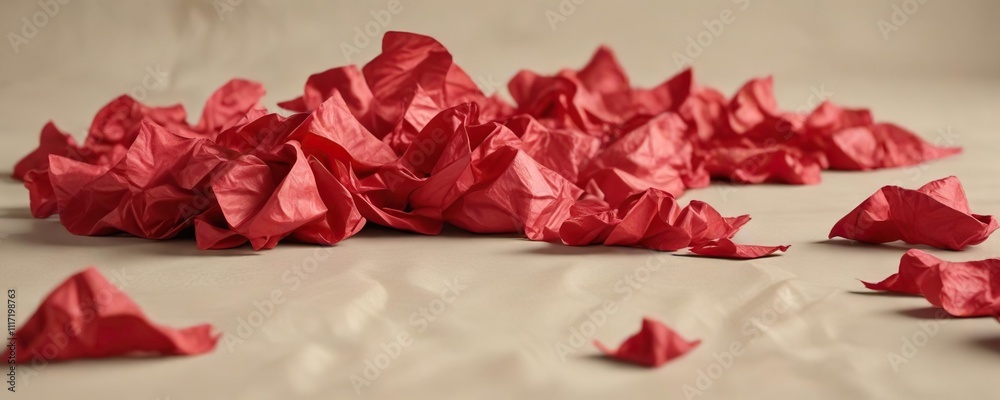 Fototapeta premium crumpled red tissue paper scattered on a beige surface , paper, red