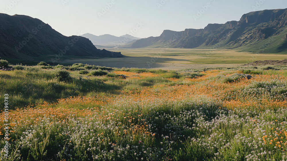Fototapeta premium A valley with a diverse array of wildlife and rich vegetation.