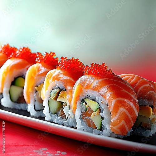 Captivating low-angle shot of a sushi platter showcasing fresh ingredients in a vibrant setting for culinary enthusiasts photo