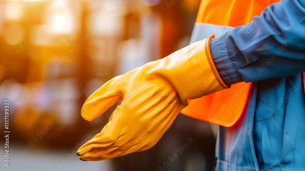 Close-up of worker's hand holding protective glove, symbolizing labor rights and safety in industrial environment Close-up of worker's hand holding protective glove, symbolizing labor rights and safety in industrial environment