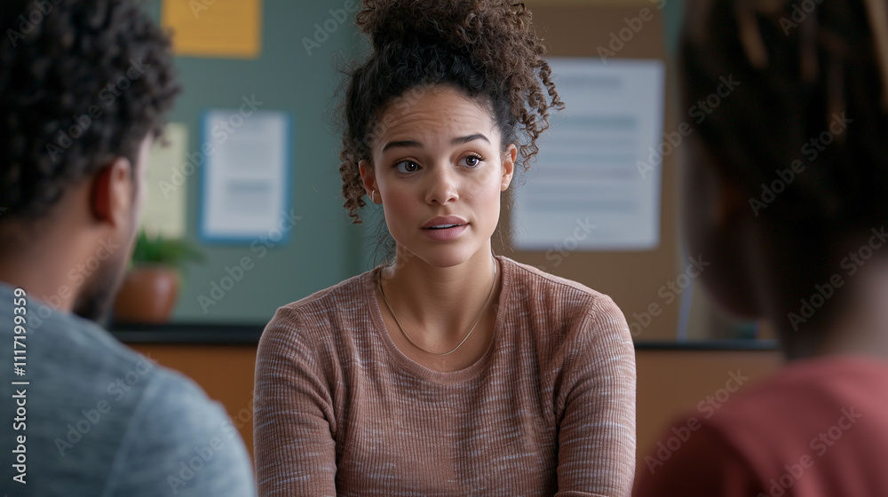 Young woman high school counselor sitting across from a student in a bright, welcoming room Young woman high school counselor sitting across from a student in a bright, welcoming room