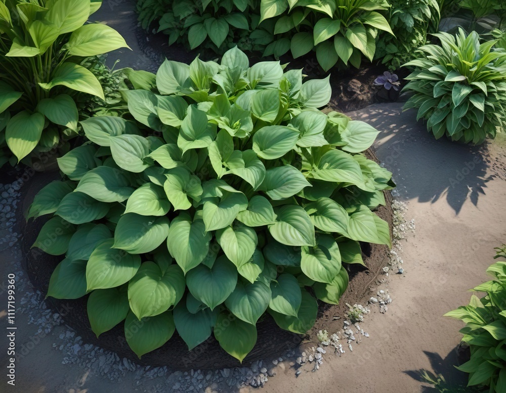 Overhead view of Hosta in a garden with other plants , shrubs, botanical garden Overhead view of Hosta in a garden with other plants , shrubs, botanical garden
