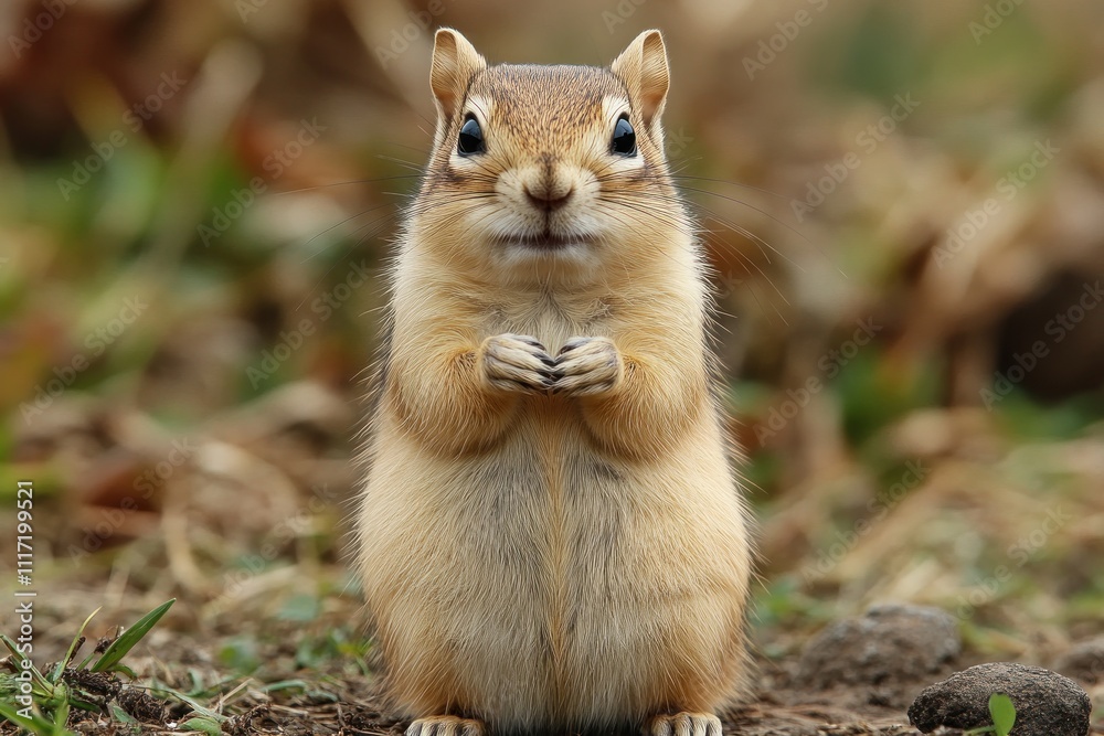 Fototapeta premium Adorable chipmunk standing on hind legs, looking directly at the camera in a natural outdoor setting.